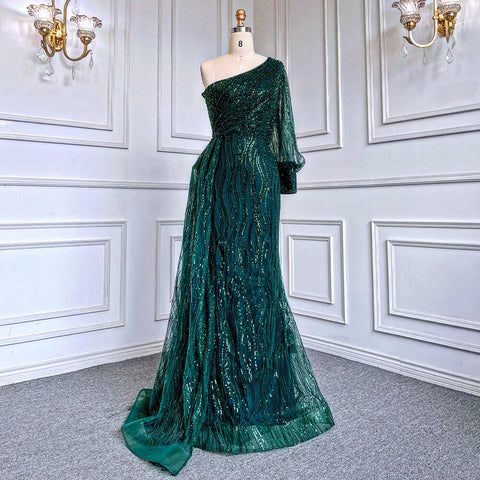Green Mermaid Elegant Sexy One Shoulder Puff Sleeves Luxury Beaded Evening Dresses Gowns For Women Party LA71772