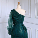 Green Mermaid Elegant Sexy One Shoulder Puff Sleeves Luxury Beaded Evening Dresses Gowns For Women Party LA71772