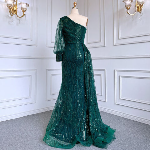 Green Mermaid Elegant Sexy One Shoulder Puff Sleeves Luxury Beaded Evening Dresses Gowns For Women Party LA71772
