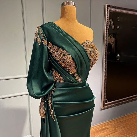 Green Mermaid Elegant Sexy One ShoulderSatin Evening Dresses Gowns Luxury Beaded  2025 For Women Party LA71706