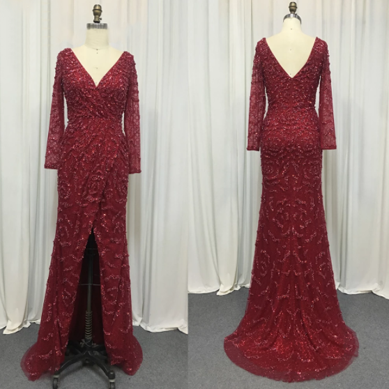 Green Mermaid Elegant V-Neck Pearls Long Sleeves Evening Dresses Luxury Beaded 2025 For Women Wedding Party LA70499