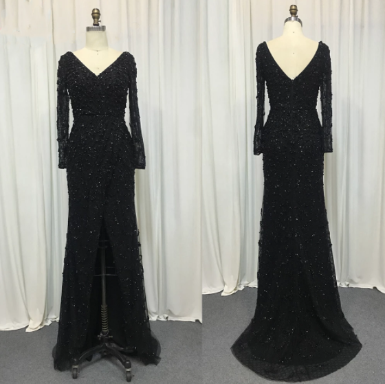 Green Mermaid Elegant V-Neck Pearls Long Sleeves Evening Dresses Luxury Beaded 2025 For Women Wedding Party LA70499