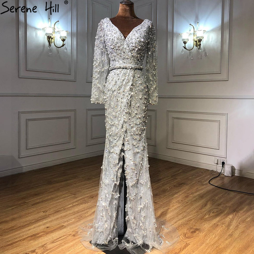 Green Mermaid Elegant V-Neck Pearls Long Sleeves Evening Dresses Luxury Beaded 2025 For Women Wedding Party LA70499