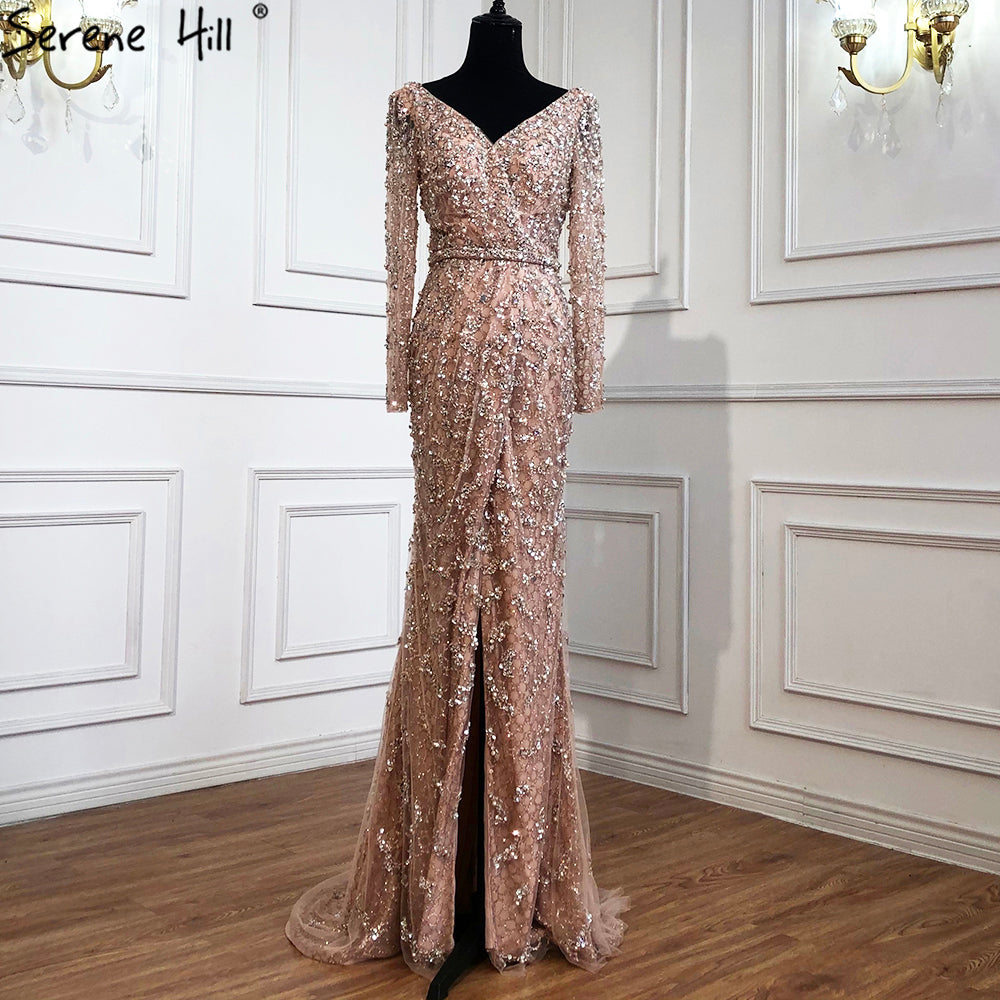 Green Mermaid Elegant V-Neck Pearls Long Sleeves Evening Dresses Luxury Beaded 2025 For Women Wedding Party LA70499