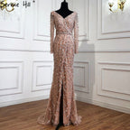 Green Mermaid Elegant V-Neck Pearls Long Sleeves Evening Dresses Luxury Beaded 2025 For Women Wedding Party LA70499