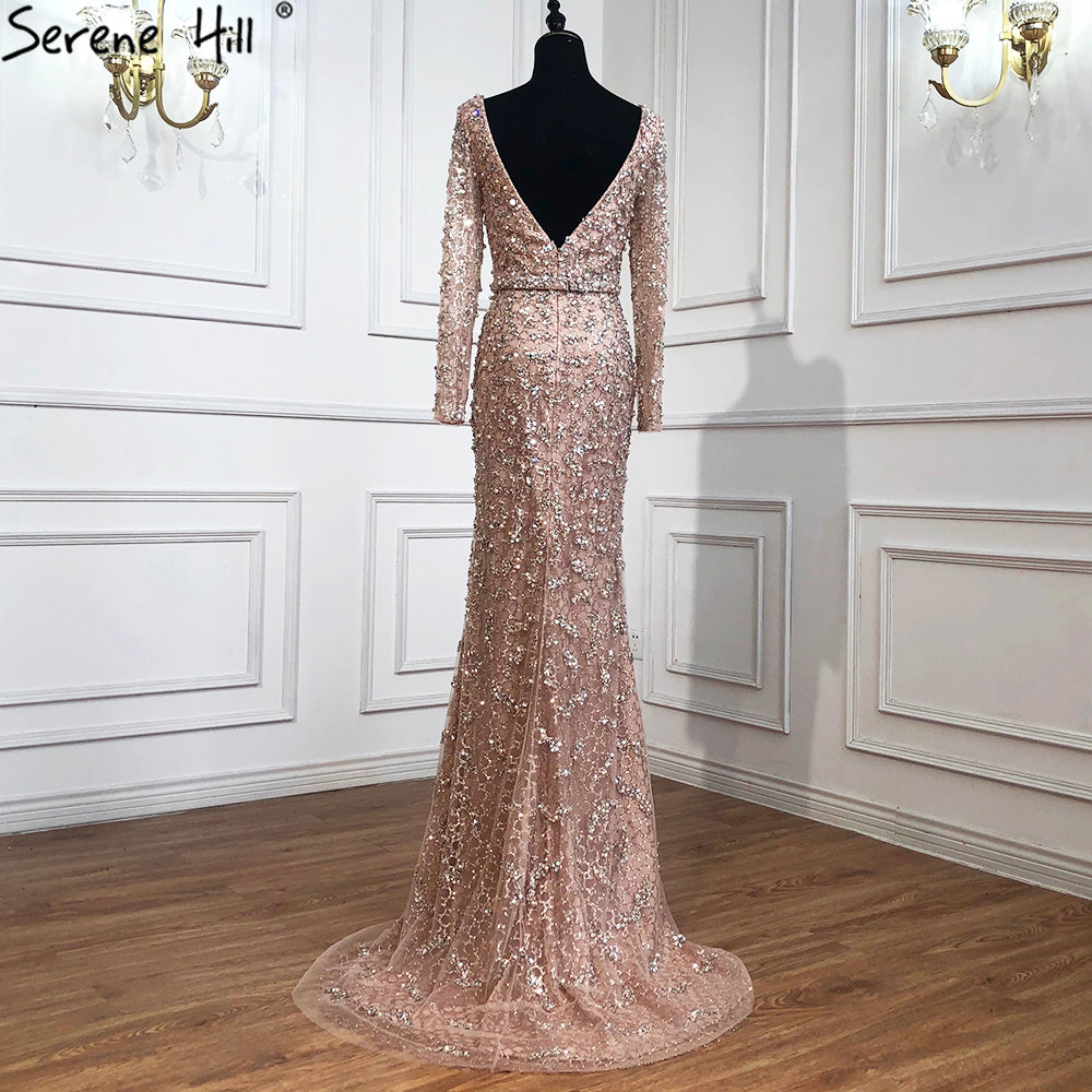 Green Mermaid Elegant V-Neck Pearls Long Sleeves Evening Dresses Luxury Beaded 2025 For Women Wedding Party LA70499