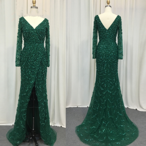 Green Mermaid Elegant V-Neck Pearls Long Sleeves Evening Dresses Luxury Beaded 2025 For Women Wedding Party LA70499