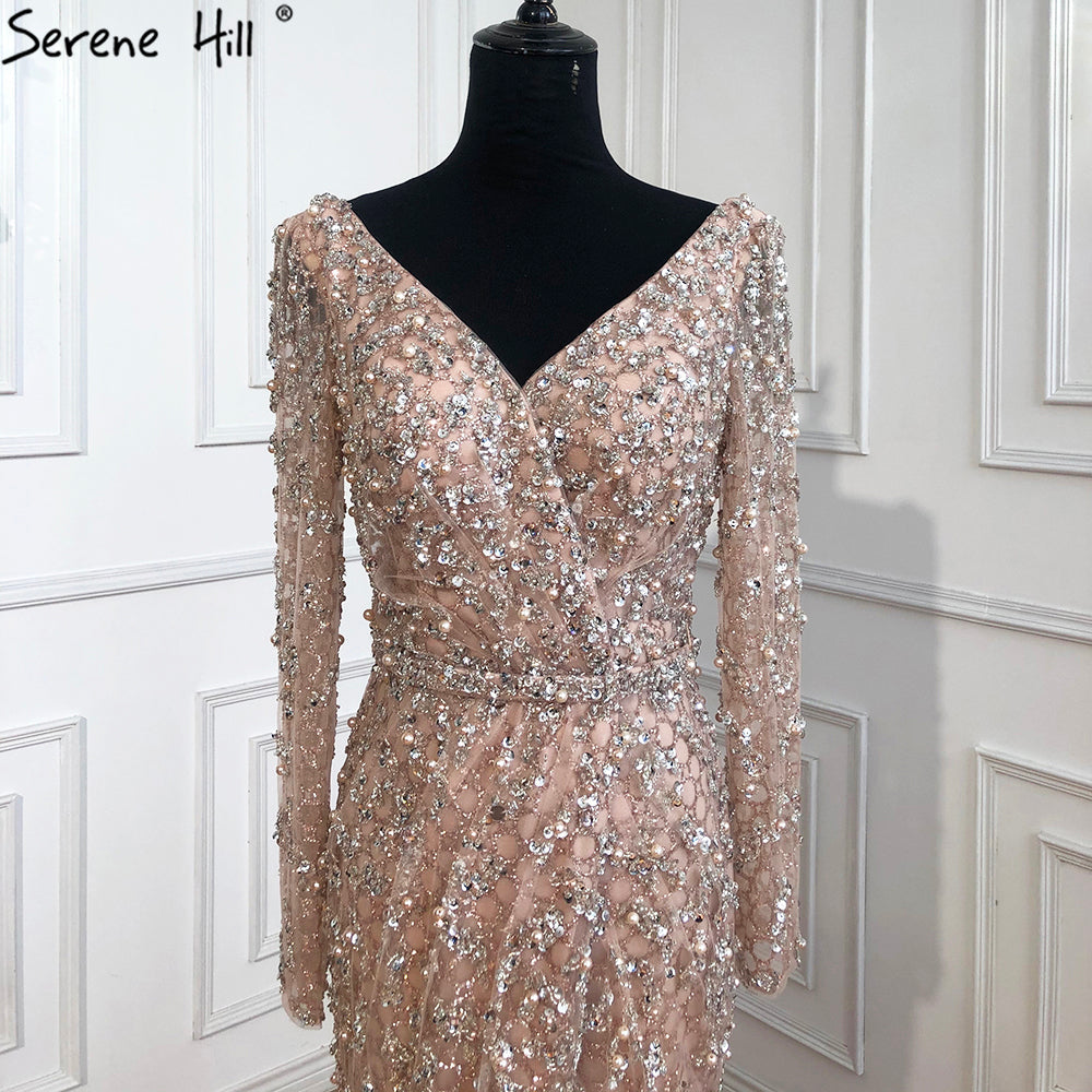 Green Mermaid Elegant V-Neck Pearls Long Sleeves Evening Dresses Luxury Beaded 2025 For Women Wedding Party LA70499