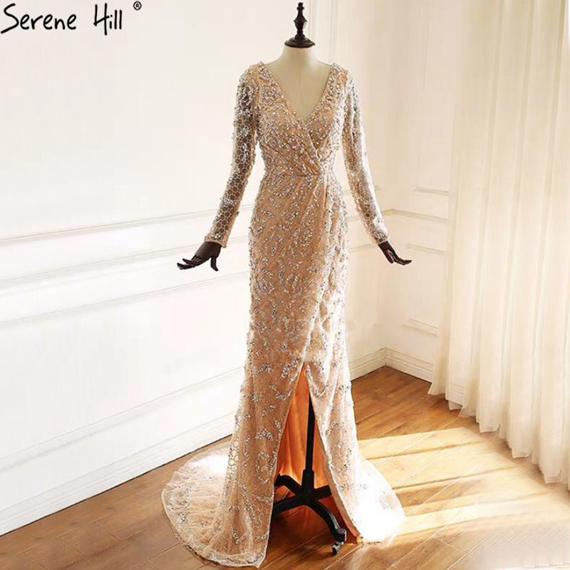 Green Mermaid Elegant V-Neck Pearls Long Sleeves Evening Dresses Luxury Beaded 2025 For Women Wedding Party LA70499