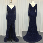 Green Mermaid Elegant V-Neck Pearls Long Sleeves Evening Dresses Luxury Beaded 2025 For Women Wedding Party LA70499