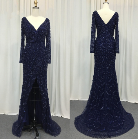 Green Mermaid Elegant V-Neck Pearls Long Sleeves Evening Dresses Luxury Beaded 2025 For Women Wedding Party LA70499