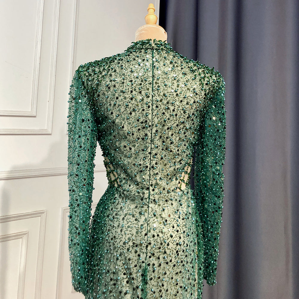 Green Mermaid Evening Dresses Gowns 2025 Pearls Elegant High Split For Women Party High Neck Long Arm LA71693
