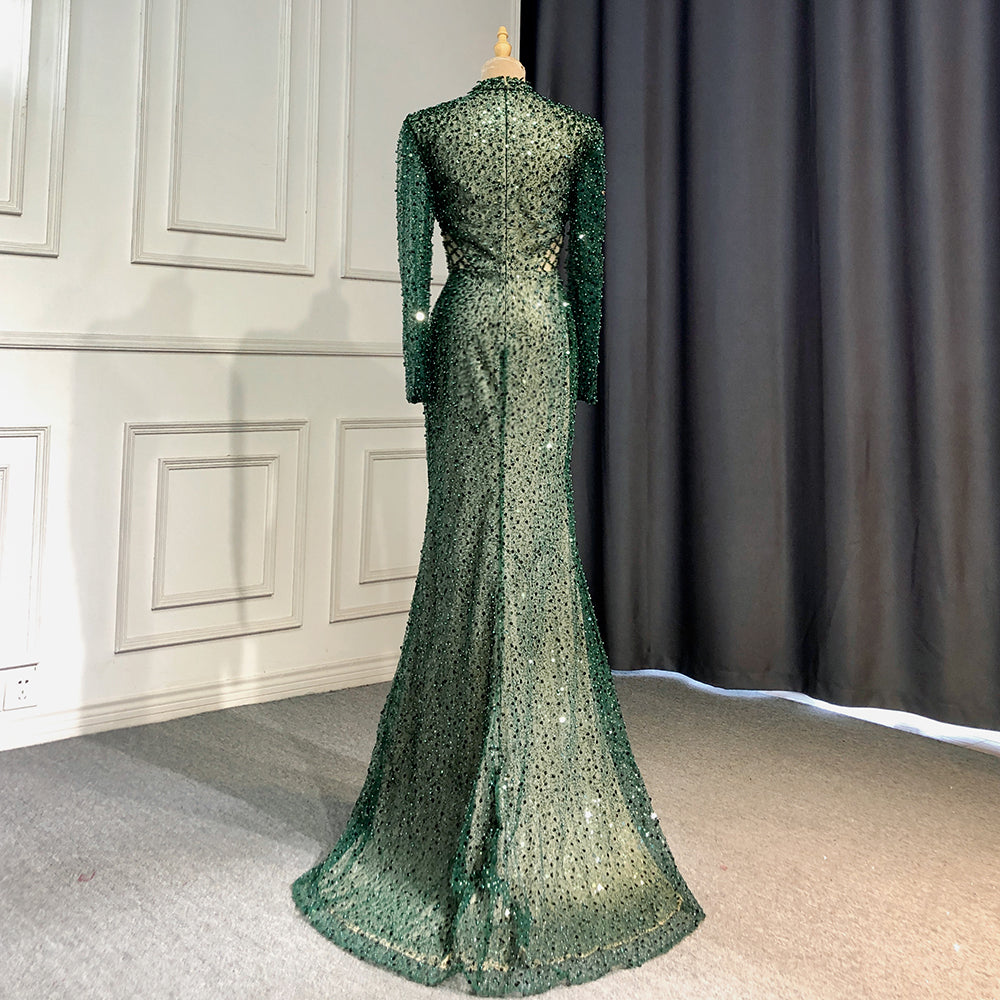 Green Mermaid Evening Dresses Gowns 2025 Pearls Elegant High Split For Women Party High Neck Long Arm LA71693