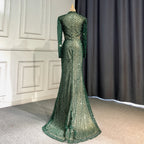 Green Mermaid Evening Dresses Gowns 2025 Pearls Elegant High Split For Women Party High Neck Long Arm LA71693