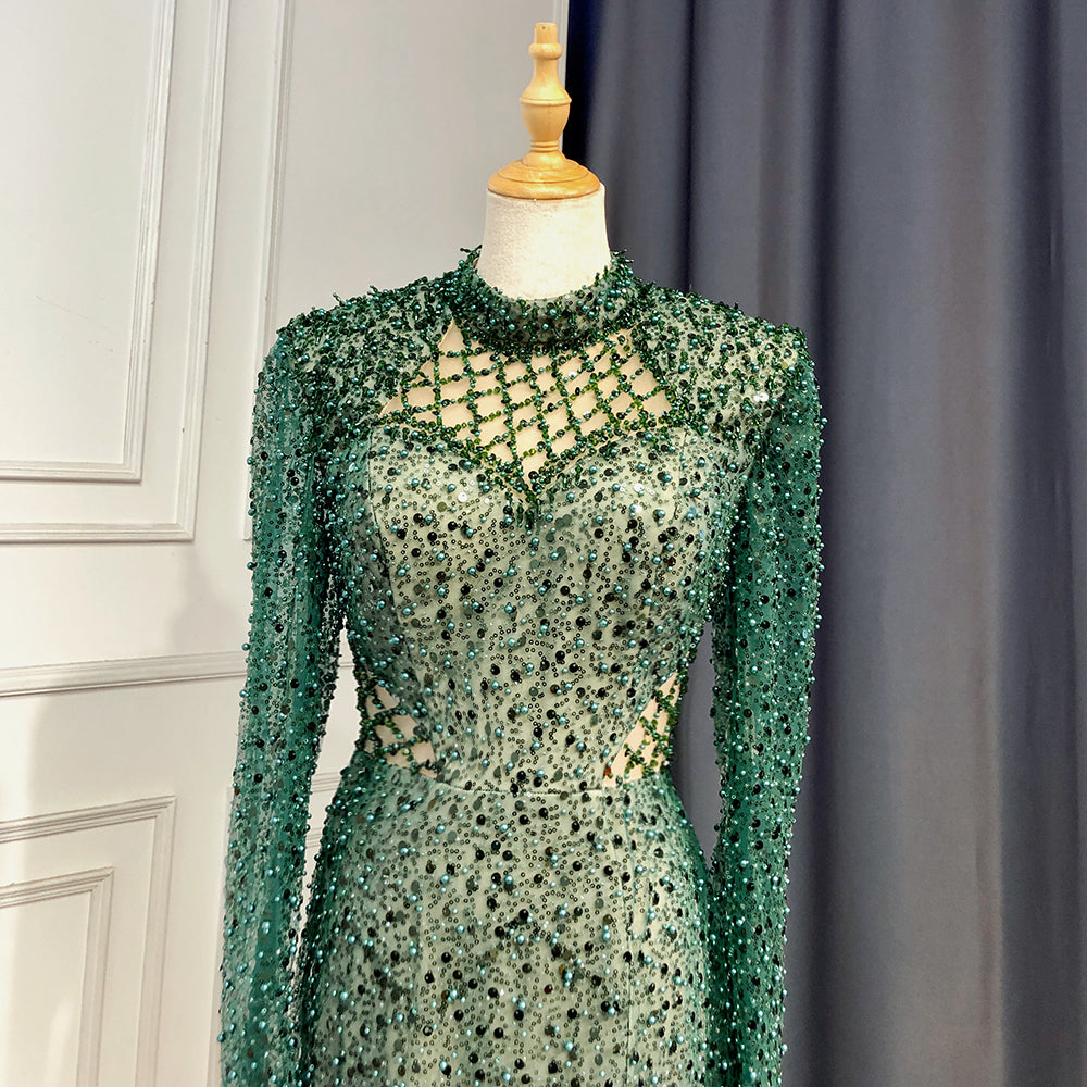 Green Mermaid Evening Dresses Gowns 2025 Pearls Elegant High Split For Women Party High Neck Long Arm LA71693