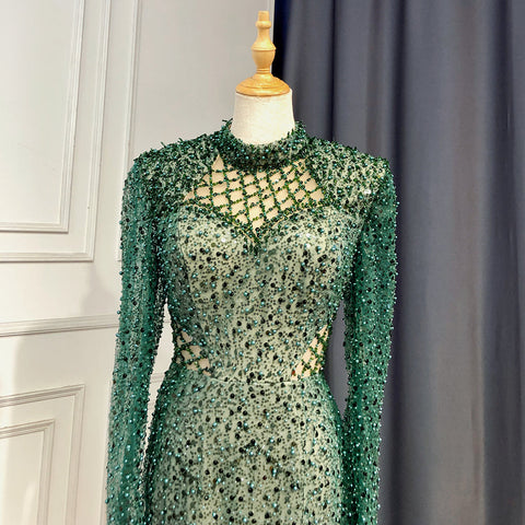 Green Mermaid Evening Dresses Gowns 2025 Pearls Elegant High Split For Women Party High Neck Long Arm LA71693