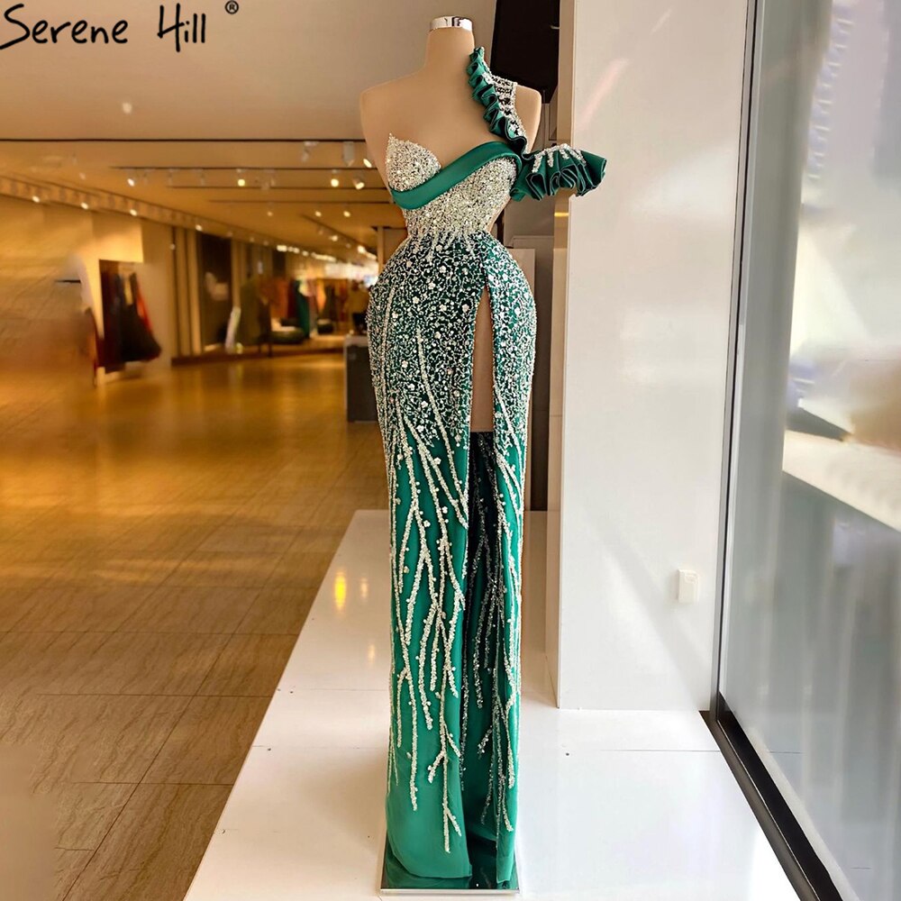Green Mermaid High Split Evening Dresses Gowns 2025 Luxury Beaded One Shoulder For Women Party LA71317