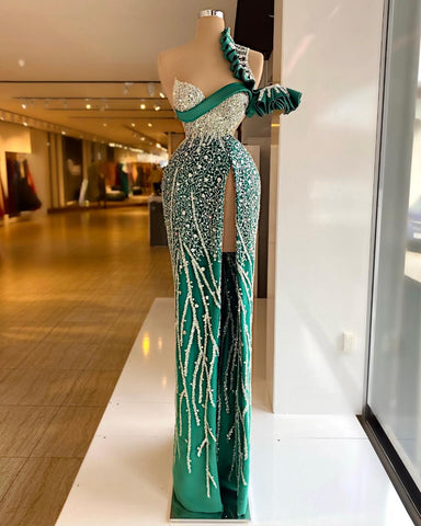 Green Mermaid High Split Evening Dresses Gowns 2025 Luxury Beaded One Shoulder For Women Party LA71317