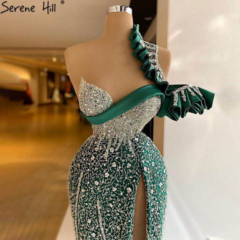 Green Mermaid High Split Evening Dresses Gowns 2025 Luxury Beaded One Shoulder For Women Party LA71317