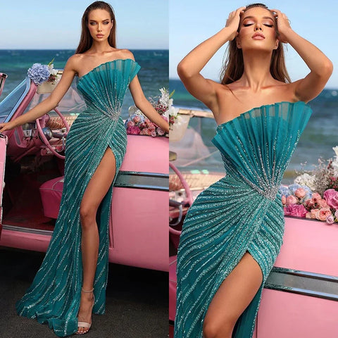 Green Mermaid High Split Off Shoulder Beaded Luxury Dubai Evening Dresses Gowns 2025 For Women Party LA72049