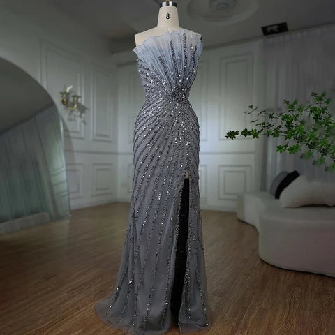 Green Mermaid High Split Off Shoulder Beaded Luxury Dubai Evening Dresses Gowns 2025 For Women Party LA72049