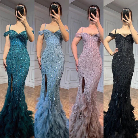 Green Mermaid High Split Off Shoulder Evening Dresses Feather Beaded Gowns Long 2025 For Women Party LA71650A