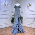 Green Mermaid High Split Off Shoulder Evening Dresses Feather Beaded Gowns Long 2025 For Women Party LA71650A