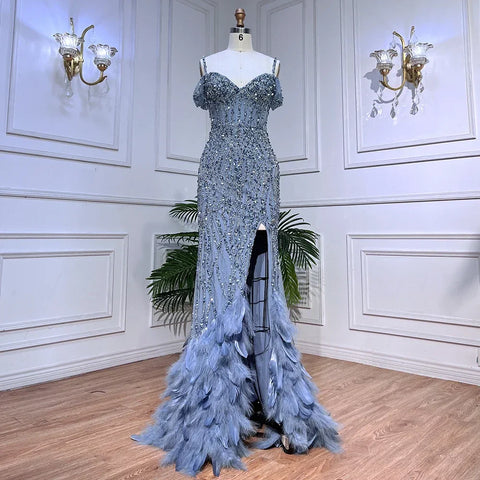 Green Mermaid High Split Off Shoulder Evening Dresses Feather Beaded Gowns Long 2025 For Women Party LA71650A