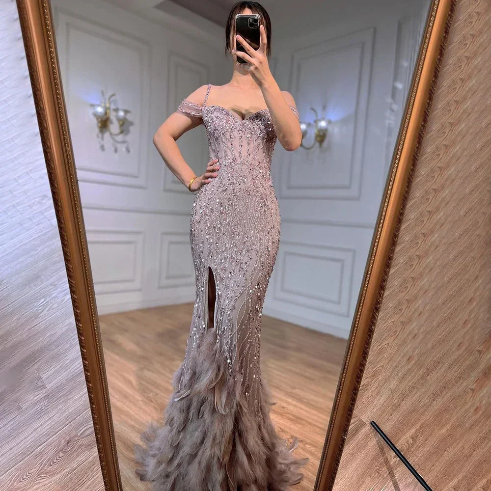 Green Mermaid High Split Off Shoulder Evening Dresses Feather Beaded Gowns Long 2025 For Women Party LA71650A