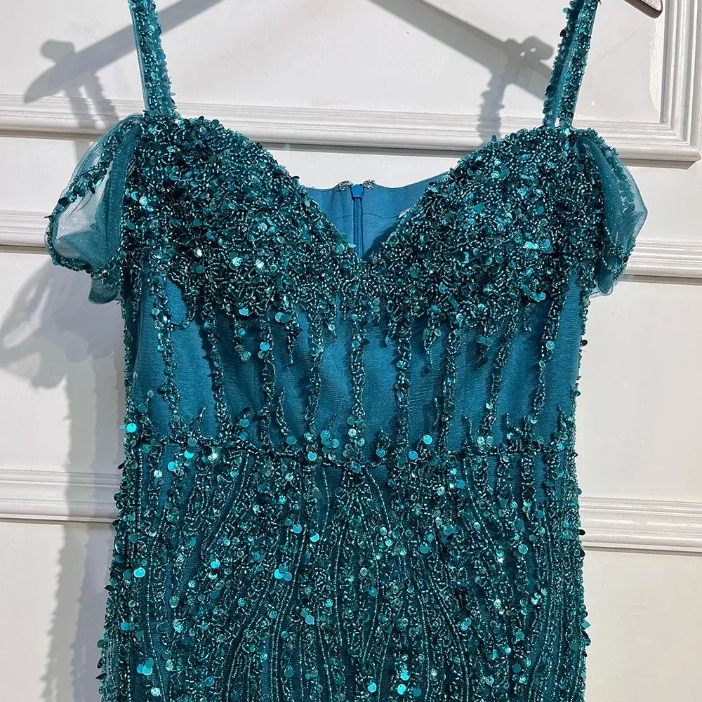 Green Mermaid High Split Off Shoulder Evening Dresses Feather Beaded Gowns Long 2025 For Women Party LA71650A