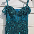 Green Mermaid High Split Off Shoulder Evening Dresses Feather Beaded Gowns Long 2025 For Women Party LA71650A