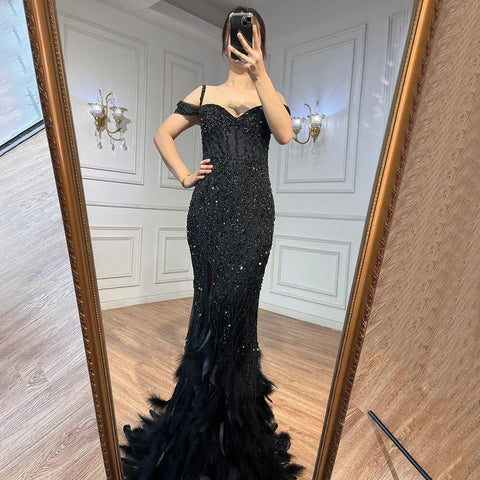 Green Mermaid High Split Off Shoulder Evening Dresses Feather Beaded Gowns Long 2025 For Women Party LA71650A