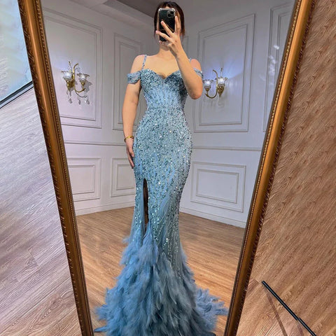 Green Mermaid High Split Off Shoulder Evening Dresses Feather Beaded Gowns Long 2025 For Women Party LA71650A