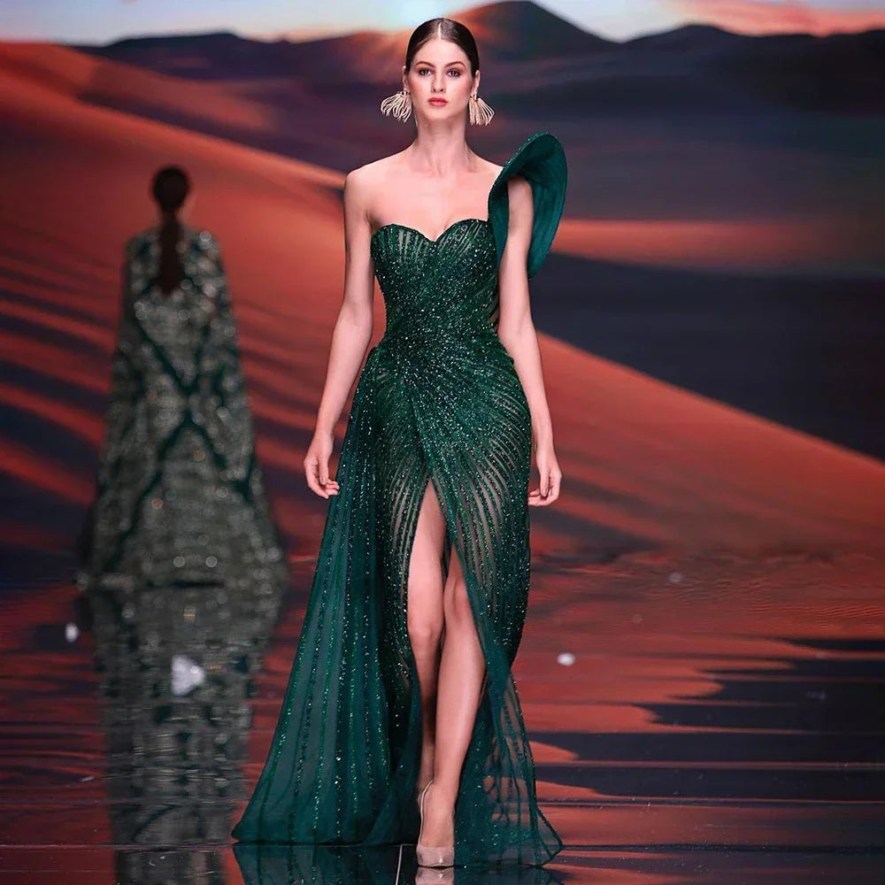 Green Mermaid High Split One Shoulder Beaded Evening Dresses Gowns For  Wedding Party 2025 LA71779