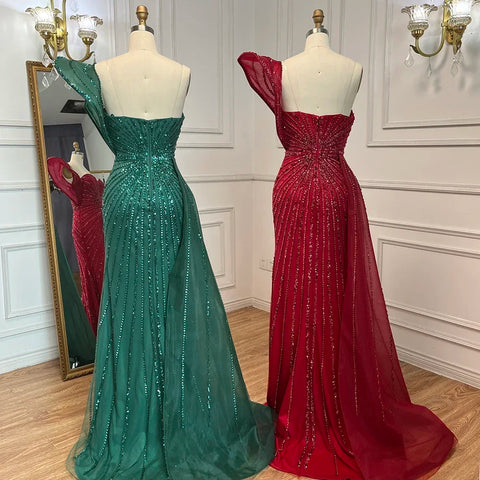 Green Mermaid High Split One Shoulder Beaded Evening Dresses Gowns For  Wedding Party 2025 LA71779
