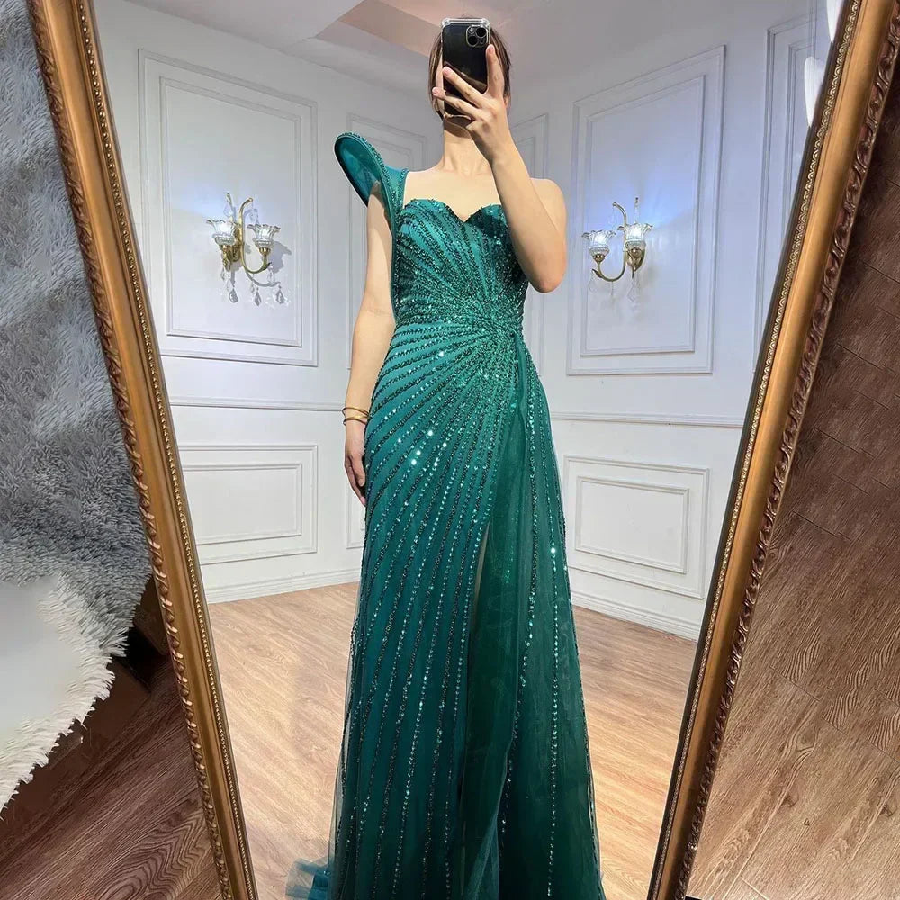Green Mermaid High Split One Shoulder Beaded Evening Dresses Gowns For  Wedding Party 2025 LA71779