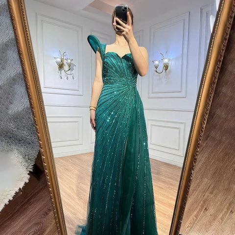 Green Mermaid High Split One Shoulder Beaded Evening Dresses Gowns For  Wedding Party 2025 LA71779