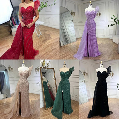 Green Mermaid High Split One Shoulder Beaded Evening Dresses Gowns For  Wedding Party 2025 LA71779