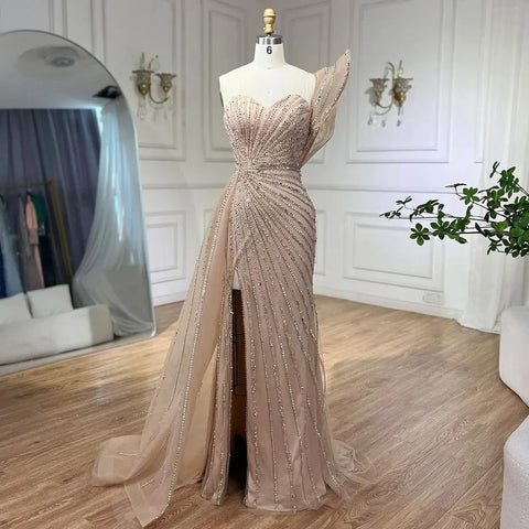 Green Mermaid High Split One Shoulder Beaded Evening Dresses Gowns For  Wedding Party 2025 LA71779