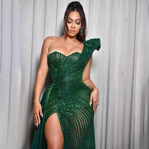 Green Mermaid High Split One Shoulder Beaded Evening Dresses Gowns For  Wedding Party 2025 LA71779