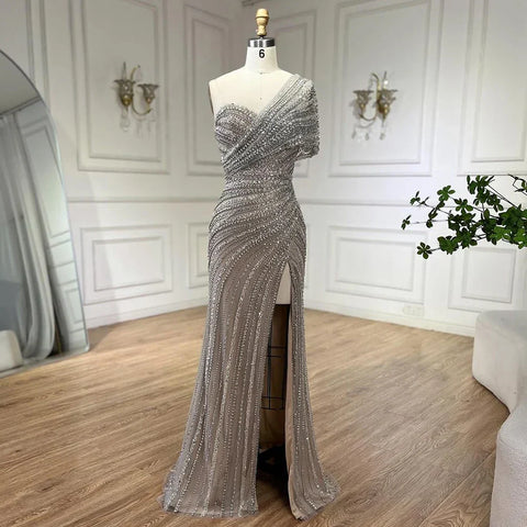 Green Mermaid High Split One Shoulder Beaded Evening Dresses Gowns for Women Wedding Party 2025 LA72364