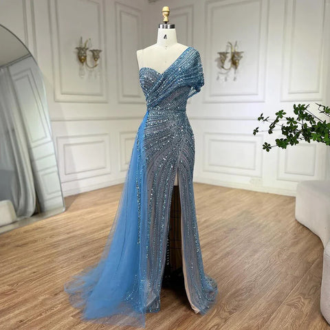 Green Mermaid High Split One Shoulder Beaded Evening Dresses Gowns for Women Wedding Party 2025 LA72364