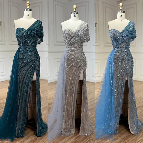Green Mermaid High Split One Shoulder Beaded Evening Dresses Gowns for Women Wedding Party 2025 LA72364