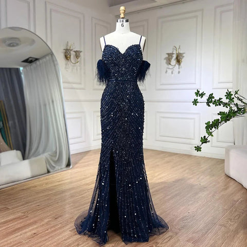 Green Mermaid High Split  Spaghetti Strap  Evening Dresses Feather Beaded Gowns For Women Party LA72238