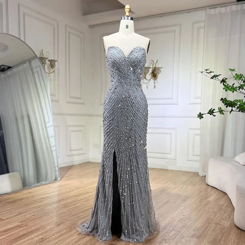 Green Mermaid High Split  Spaghetti Strap  Evening Dresses Feather Beaded Gowns For Women Party LA72238