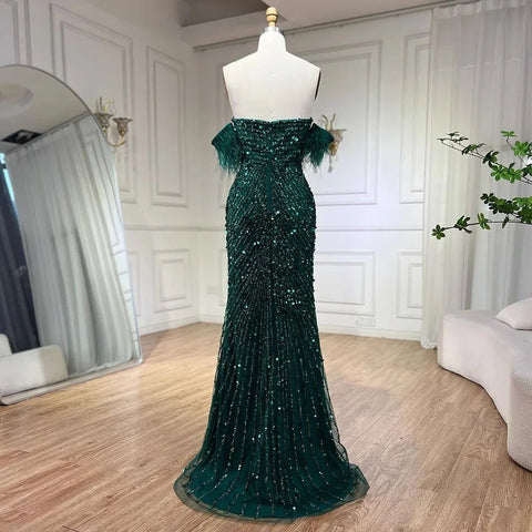 Green Mermaid High Split  Spaghetti Strap  Evening Dresses Feather Beaded Gowns For Women Party LA72238