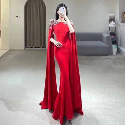 Vestido de noche blanco de sirena con mangas estilo capa, vestidos de noche 2025 para mujer, fiesta LA70934 