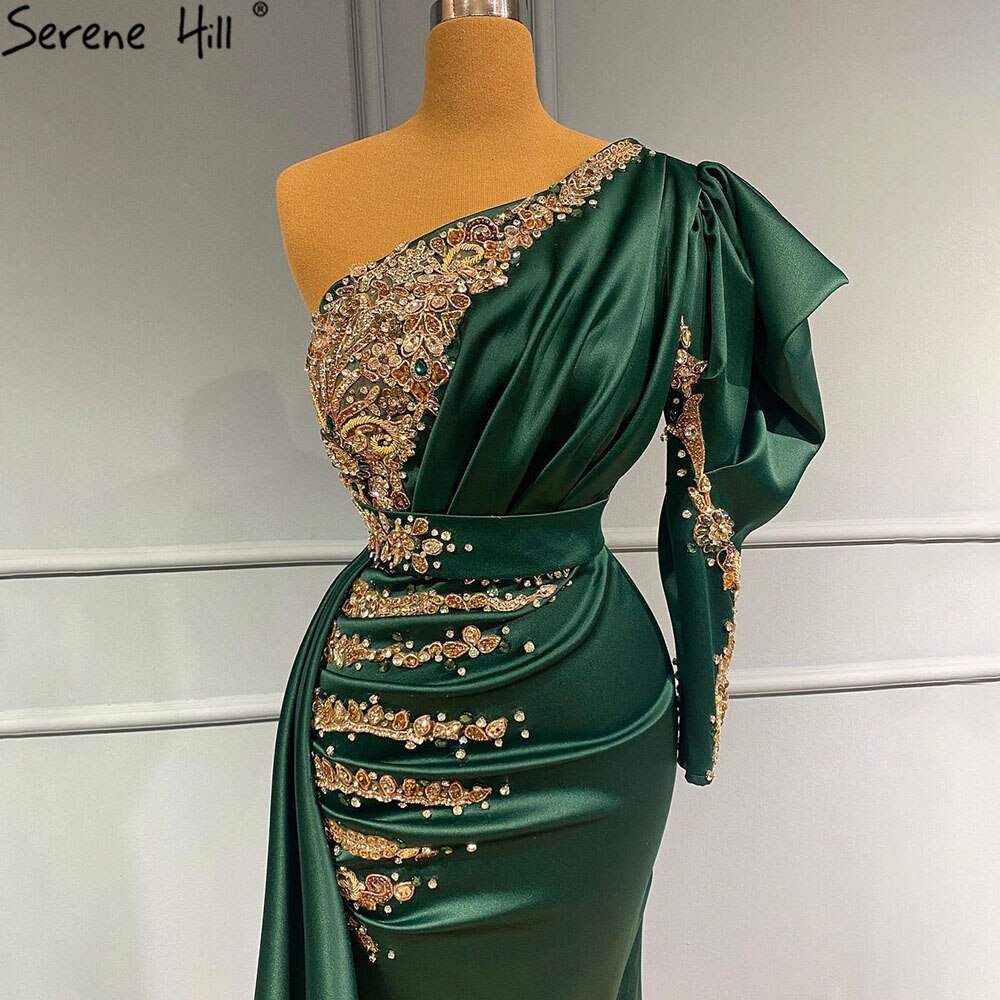 Green Mermaid Satin Evening Dresses Gowns 2025 Beaded One Shoulder Elegant For Women Party LA71341