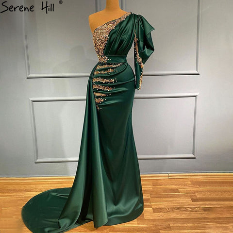 Green Mermaid Satin Evening Dresses Gowns 2025 Beaded One Shoulder Elegant For Women Party LA71341