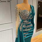 Green Mermaid Satin Evening Dresses Gowns 2025 Muslim Elegant Beaded Luxury For Women Party LA71370